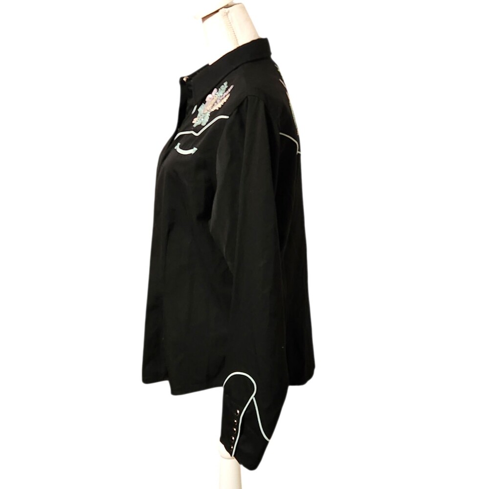 Roper Western Shirt Pearl Snap Black Teal Trim Drink Embroidery Womens Size XL - Picture 3 of 8